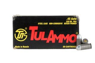 TulAmmo .45 ACP 230 gr full metal jacket ammo rounds with lead core, steel case, and berdan primed